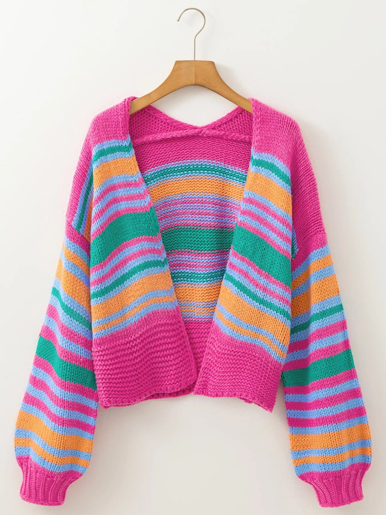 Stripe Colorful Puff Sleeve Drop Shoulder Loose Cardigan.