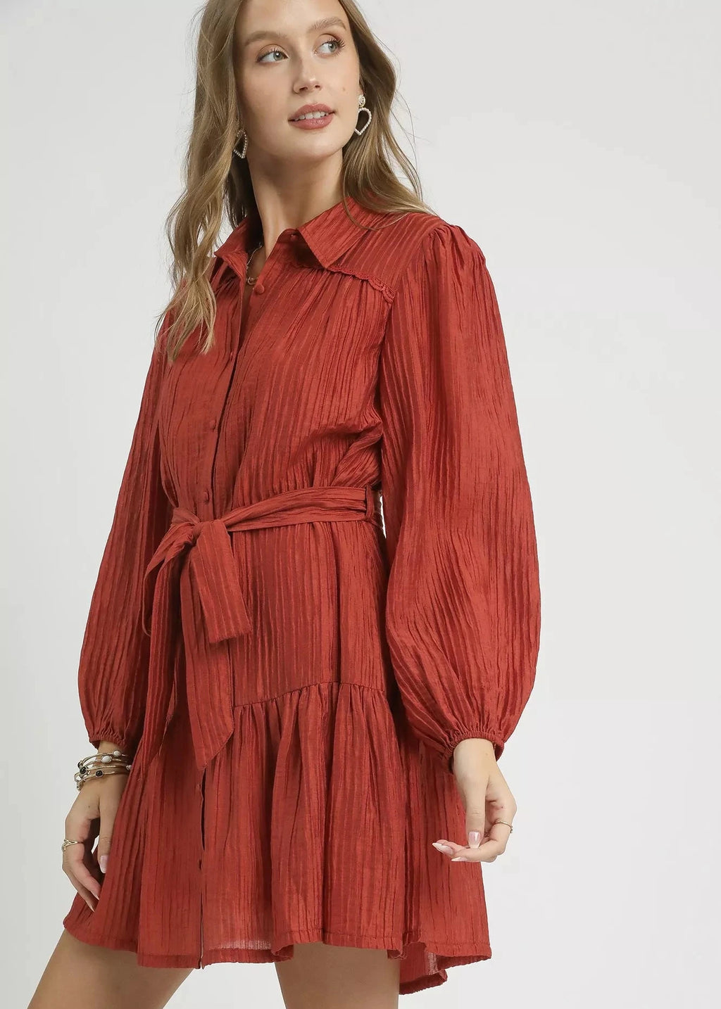 Crinkle Button-Front Tiered Mini Dress with Waist Tie.