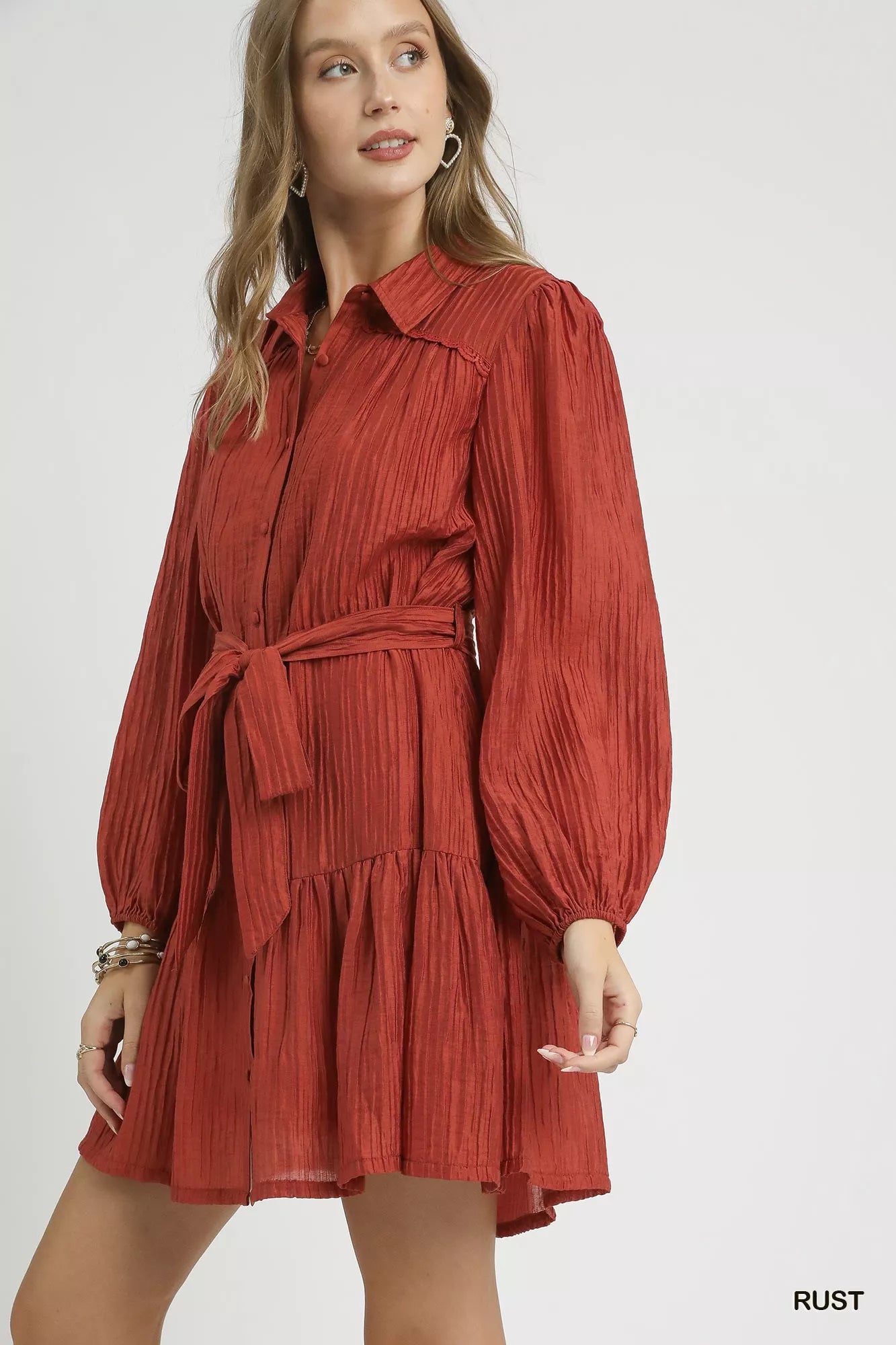 Crinkle Button-Front Tiered Mini Dress with Waist Tie.