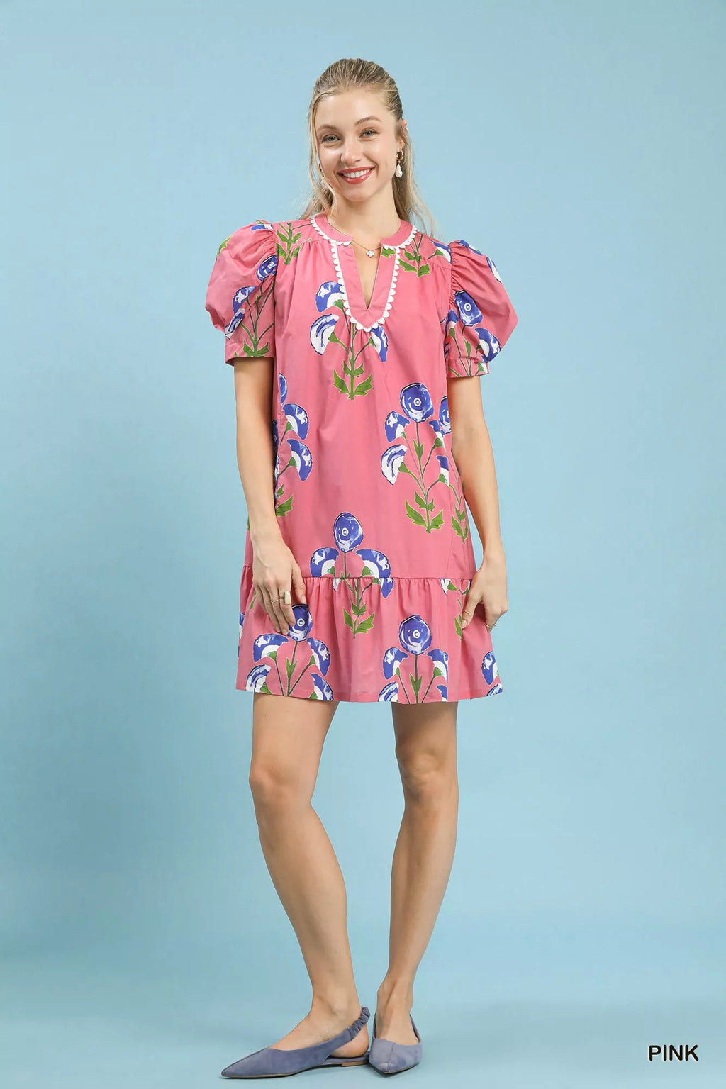 Floral Print Puff Sleeve Mini Dress with Scallop Trim.
