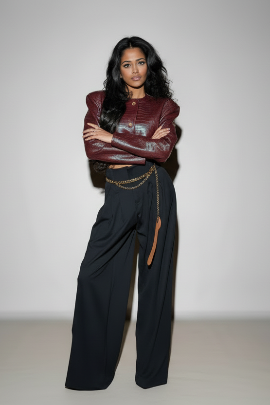 Crocodile Embossed Cropped Leather Jacket