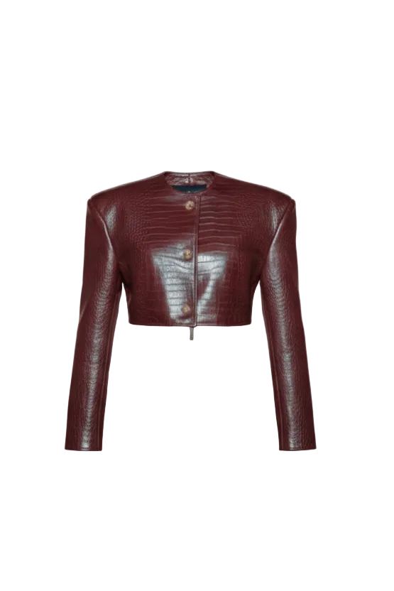 Crocodile Embossed Cropped Leather Jacket