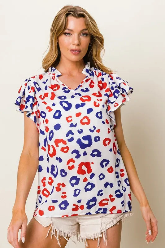 Leopard Notched Ruffled Cap Sleeve Blouse.
