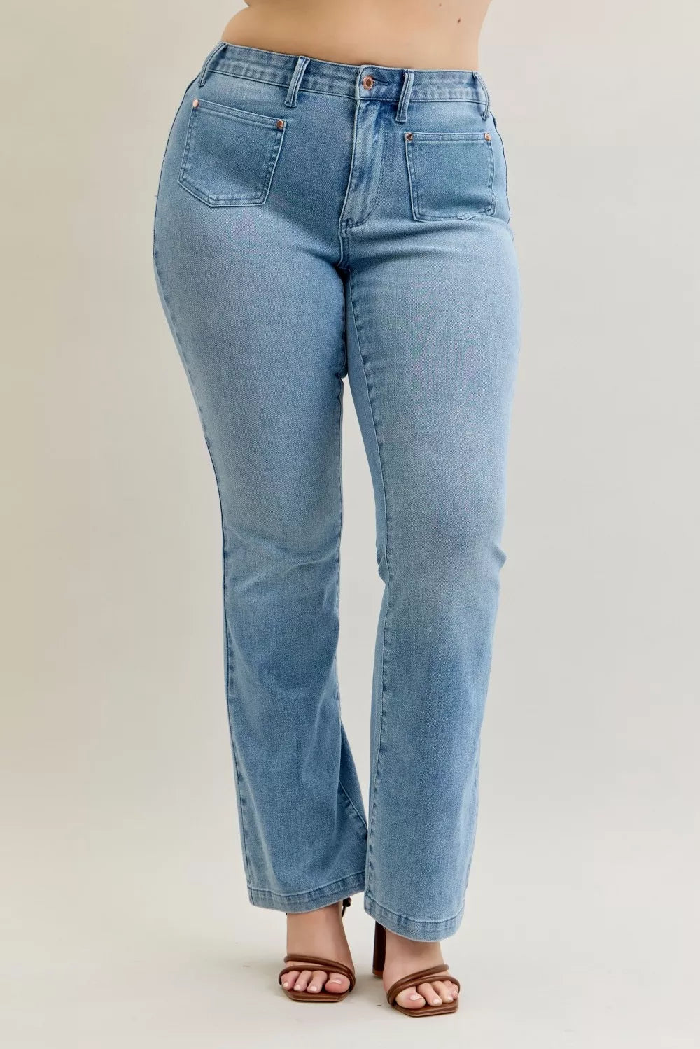 Judy Blue Full Size Mid Rise Bootcut Jeans with Contrast Wash & Front Patch Pockets Plus Size.