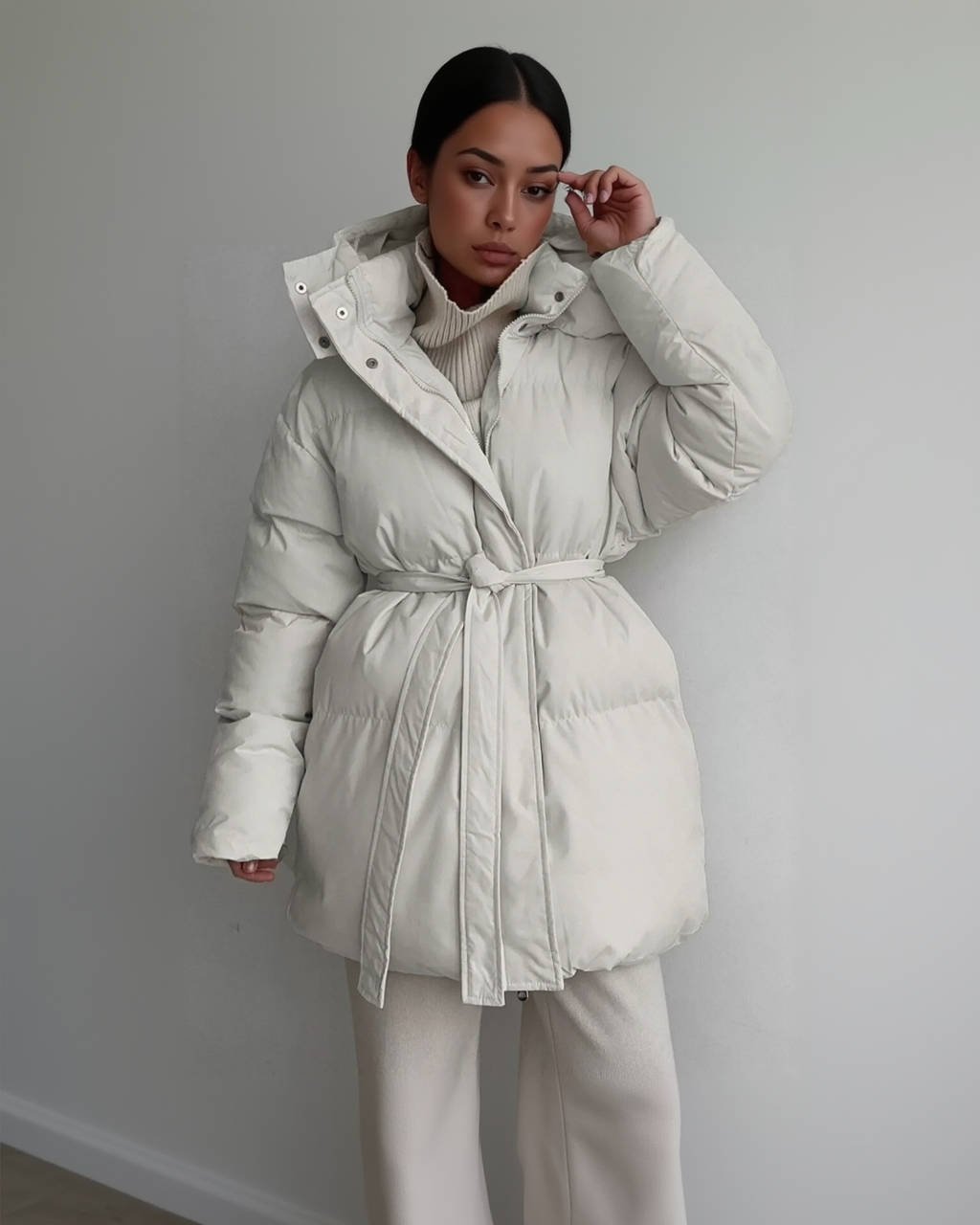 Mid-Length Thickened Hooded Winter Coat with Belted