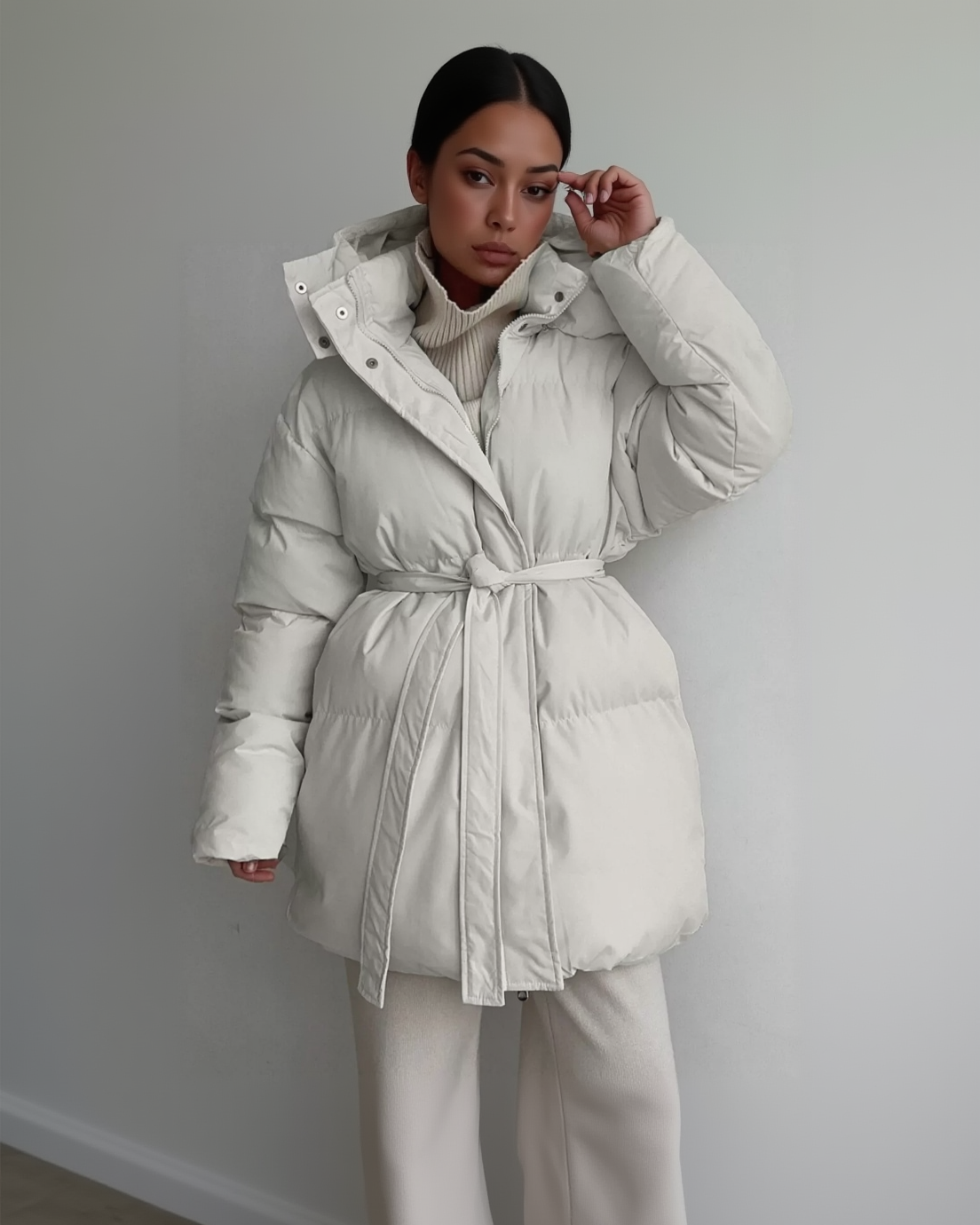 Mid-Length Thickened Hooded Winter Coat with Belted