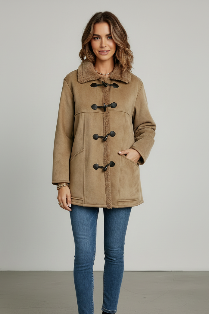 Faux Suede Sherpa Lined Toggle Coat