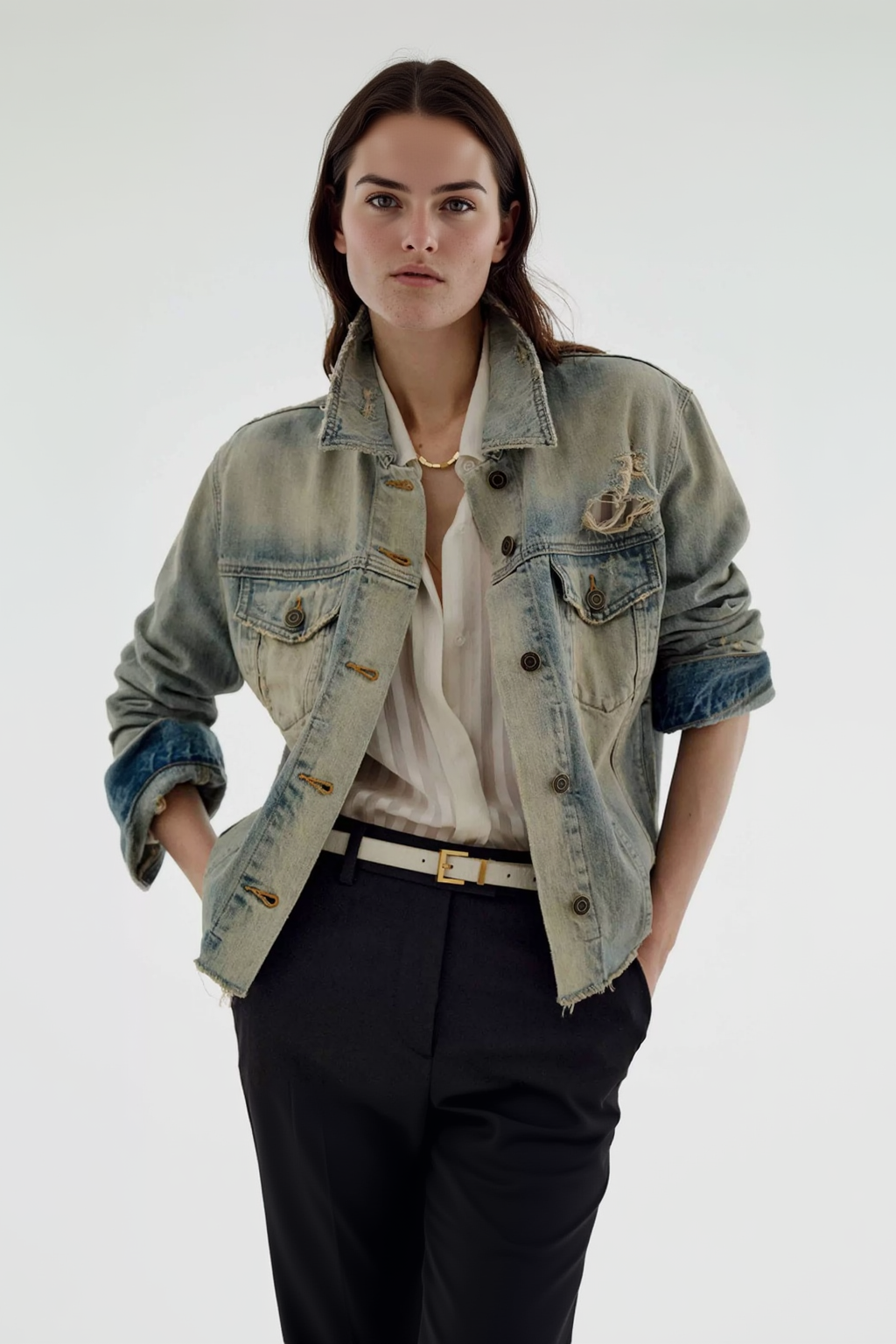 Distressed Wash Button Up Denim Jacket