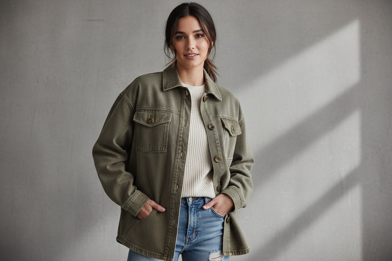 generate a female model dressing a Vintage Washed Button Twill Shacket for the slide with great resolution